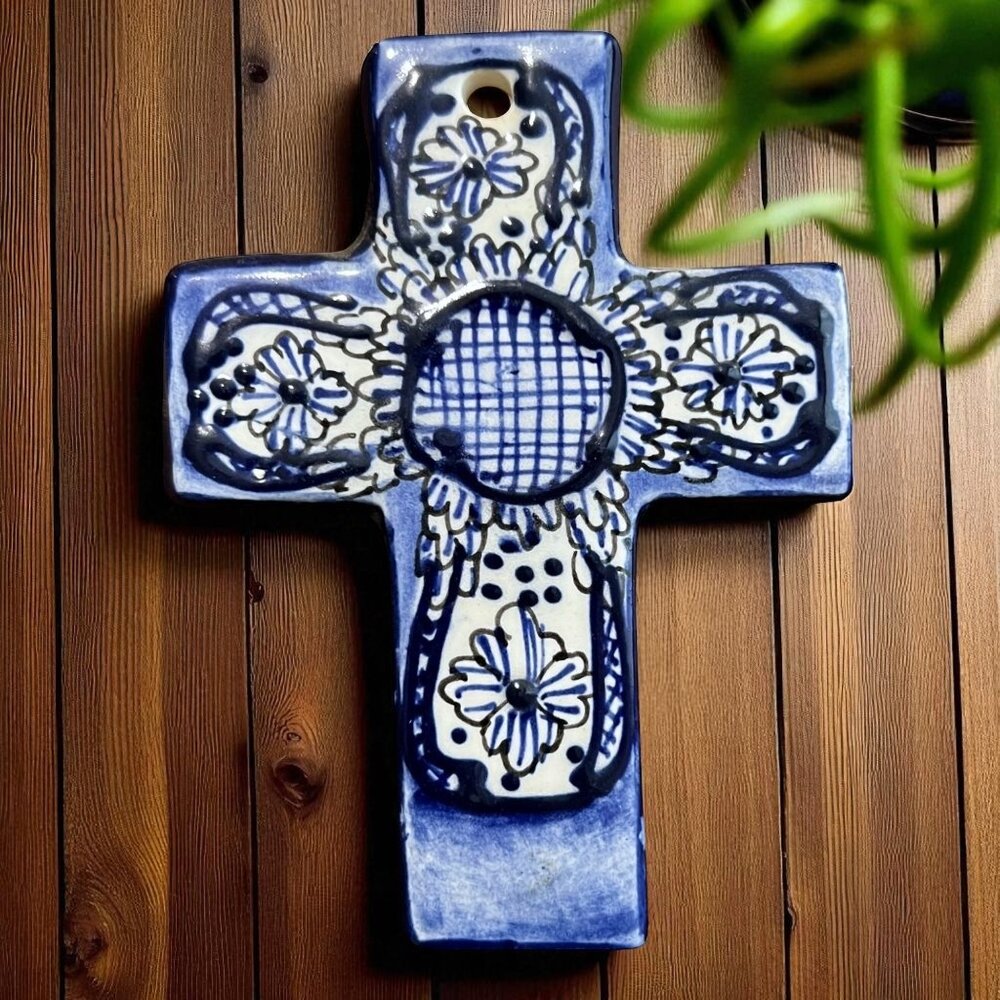 Vintage Hand Painted Talavera Ceramic Mexican Folk Art Wall Cross
